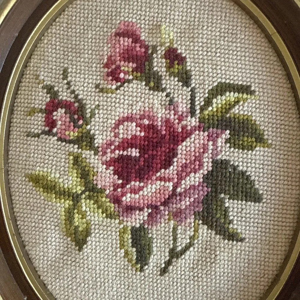 Lot-3 Vintage Needlepoint Rose Flowers in Oval Frames & Hangers Cottage Core